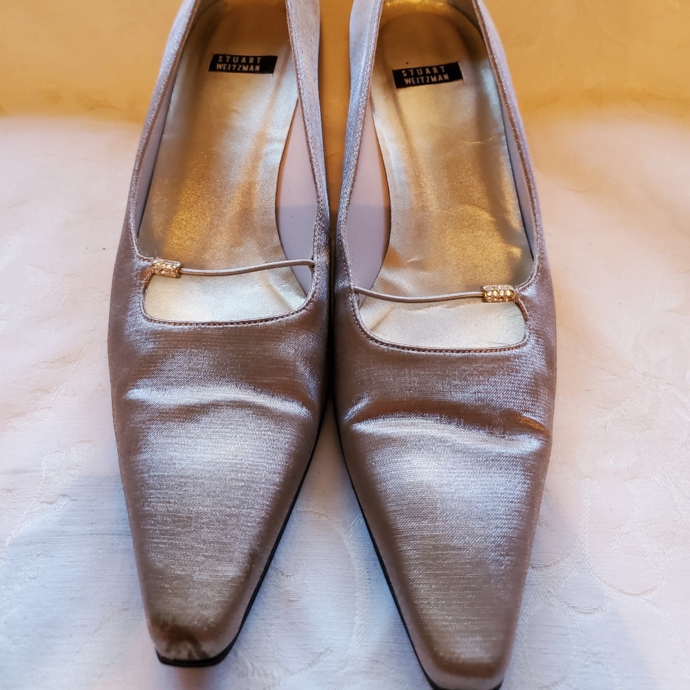 Stuart Weitzman Pointed Toe Gold Satin Kitten Heel